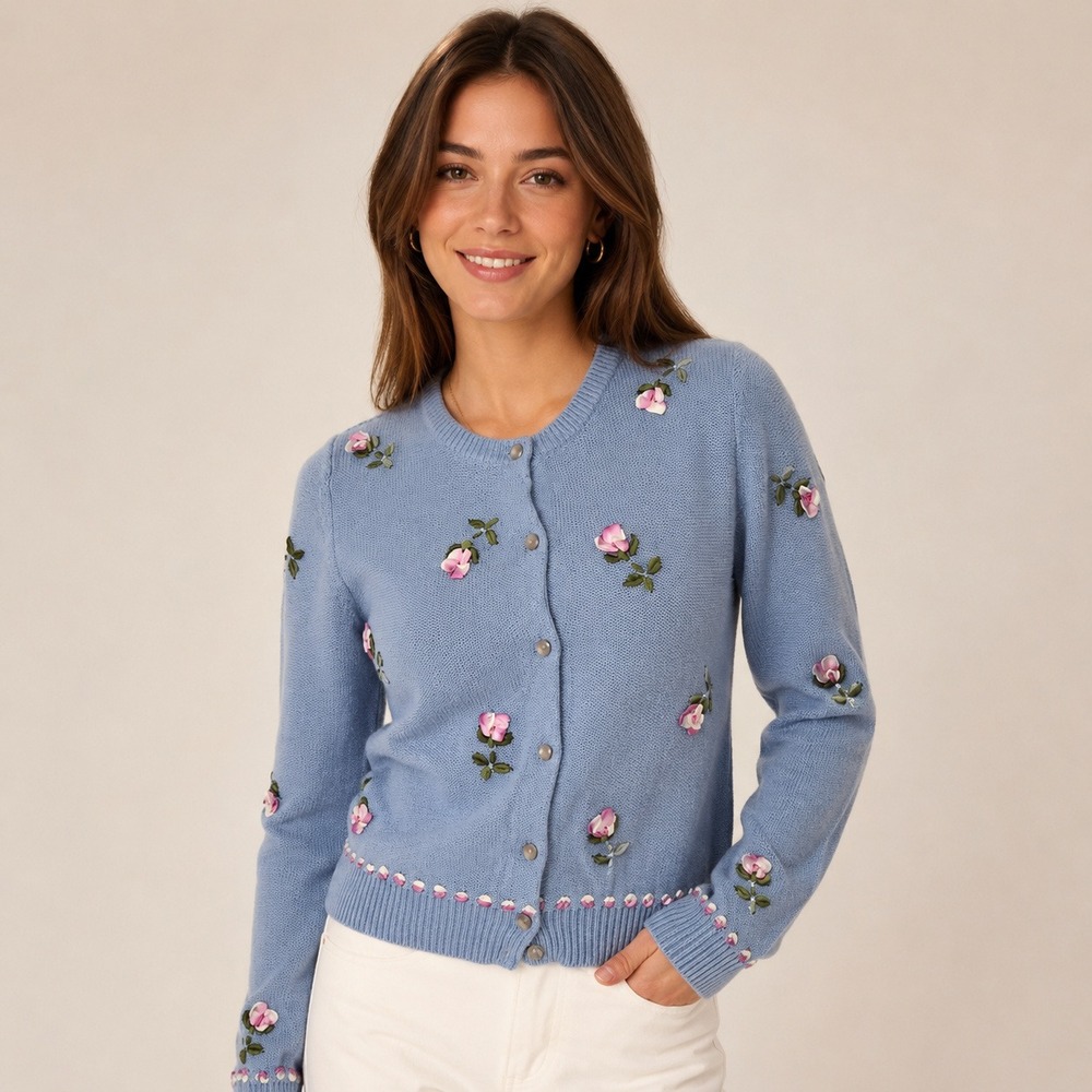 Anthropologie Blue Ribbon Embroidered Rosebud Cotton Cardigan Sweater Vintage M